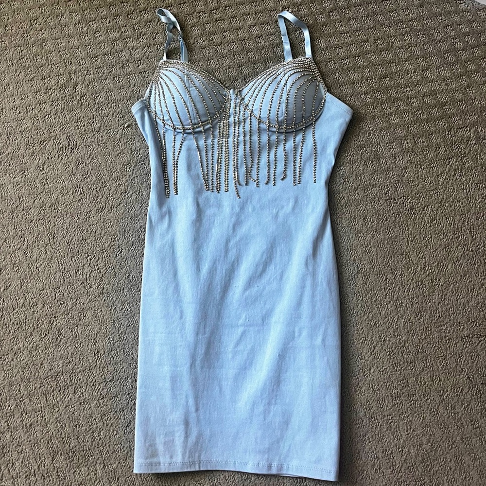 Blue Sequin Fringe Bodycon Mini Dress